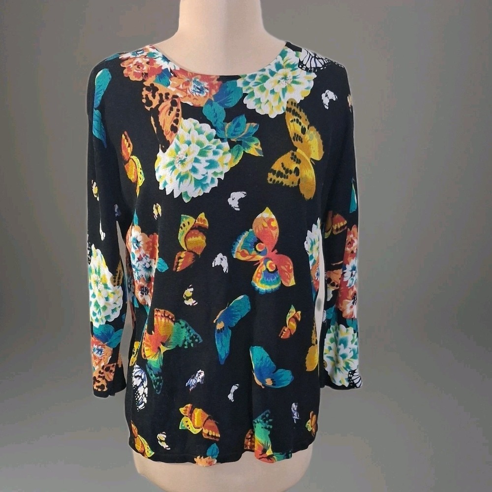 Joseph A. Womens Black Butterfly Silk Blend Sweater 3/4 Sleeve Lightweight Fairy
